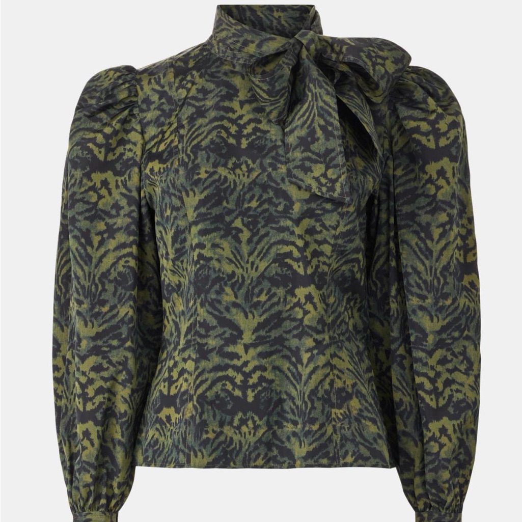 Ulla Johnson Green And Black Patterned Blouse Giorgia Silk Neck Tie Blouse